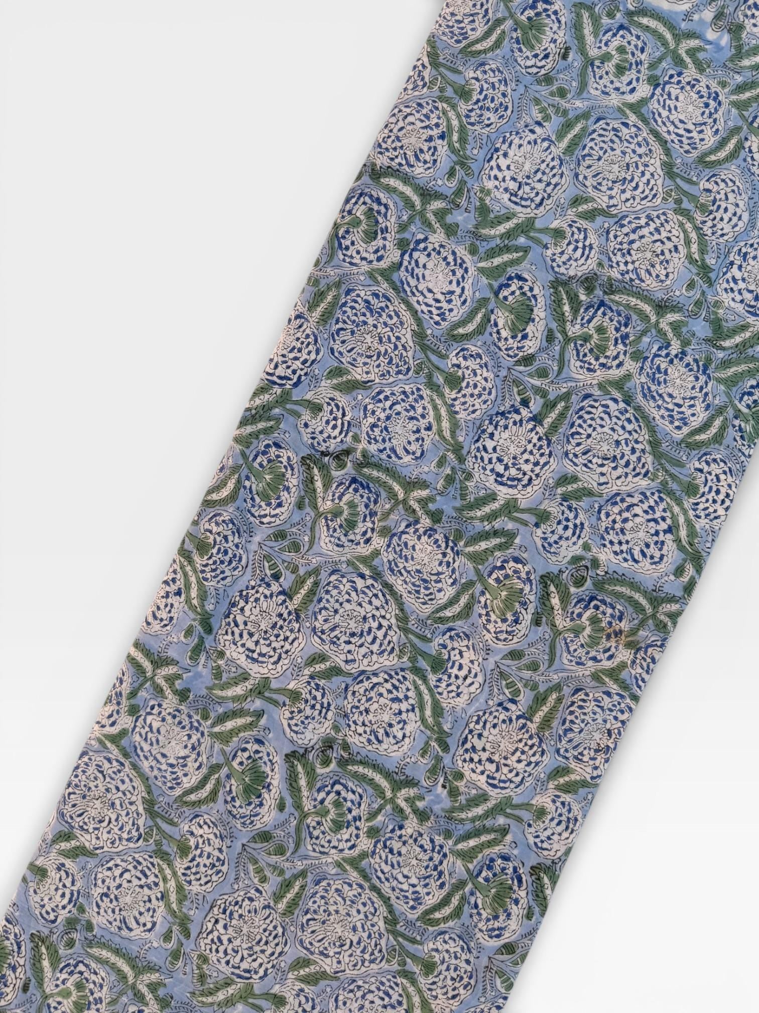 Hand Block Printed Cotton Fabric – Powder Blue Base with White & Indigo Floral Design | Indian Blockprint  Fabric for Sewing  and Home Décor