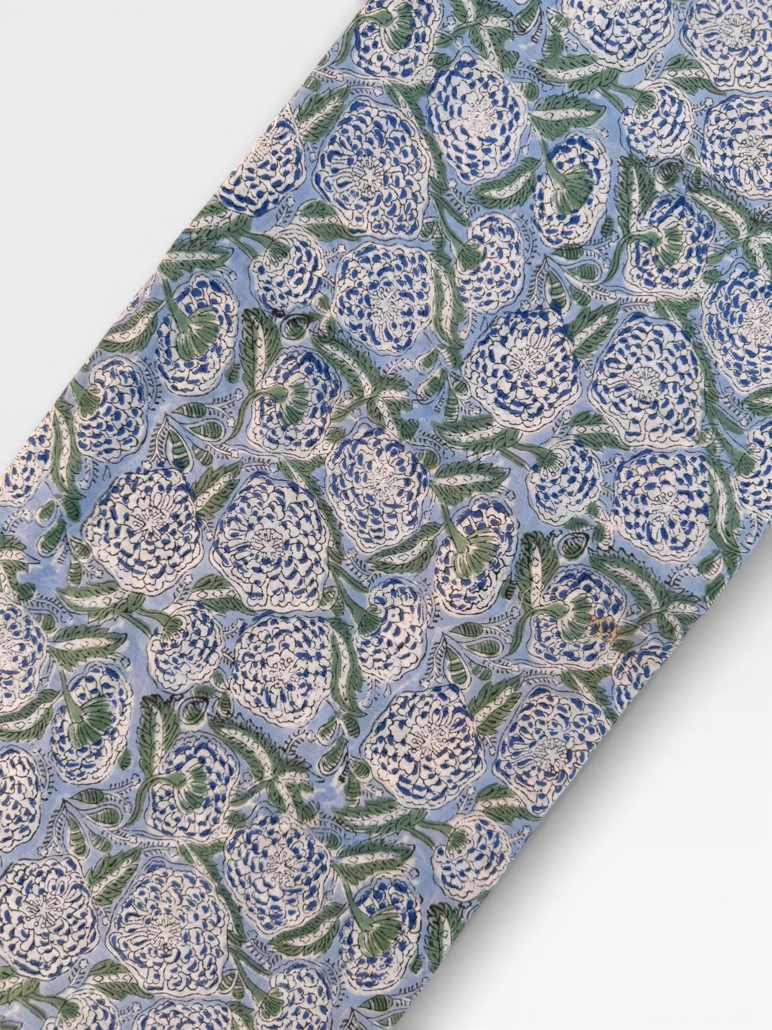 Hand Block Printed Cotton Fabric – Powder Blue Base with White & Indigo Floral Design | Indian Blockprint  Fabric for Sewing  and Home Décor