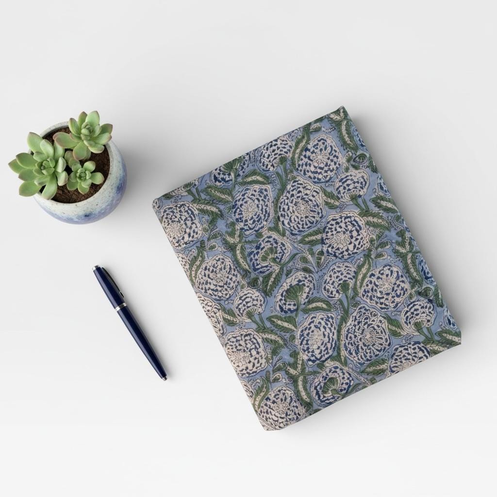 Hand Block Printed Cotton Fabric – Powder Blue Base with White & Indigo Floral Design | Indian Blockprint  Fabric for Sewing  and Home Décor