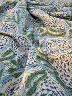 Hand Block Printed Cotton Fabric – Powder Blue Base with White & Indigo Floral Design | Indian Blockprint  Fabric for Sewing  and Home Décor