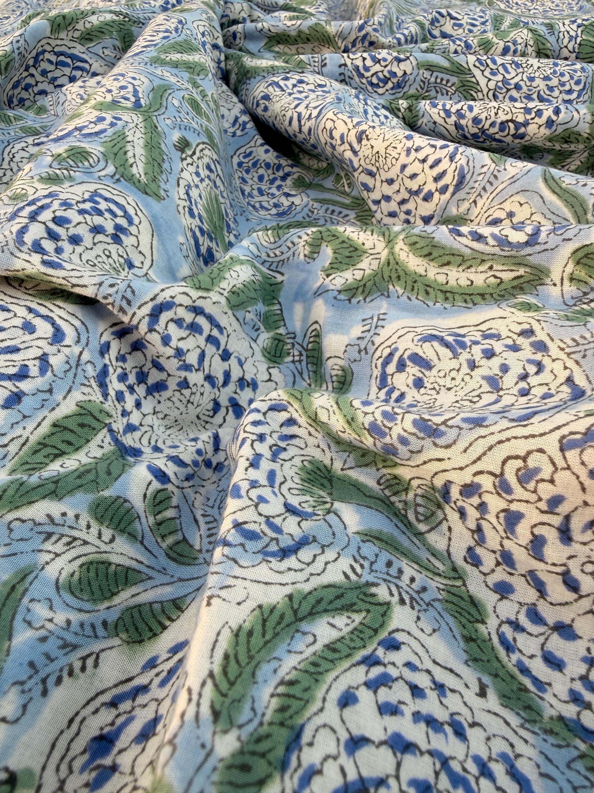 Hand Block Printed Cotton Fabric – Powder Blue Base with White & Indigo Floral Design | Indian Blockprint  Fabric for Sewing  and Home Décor