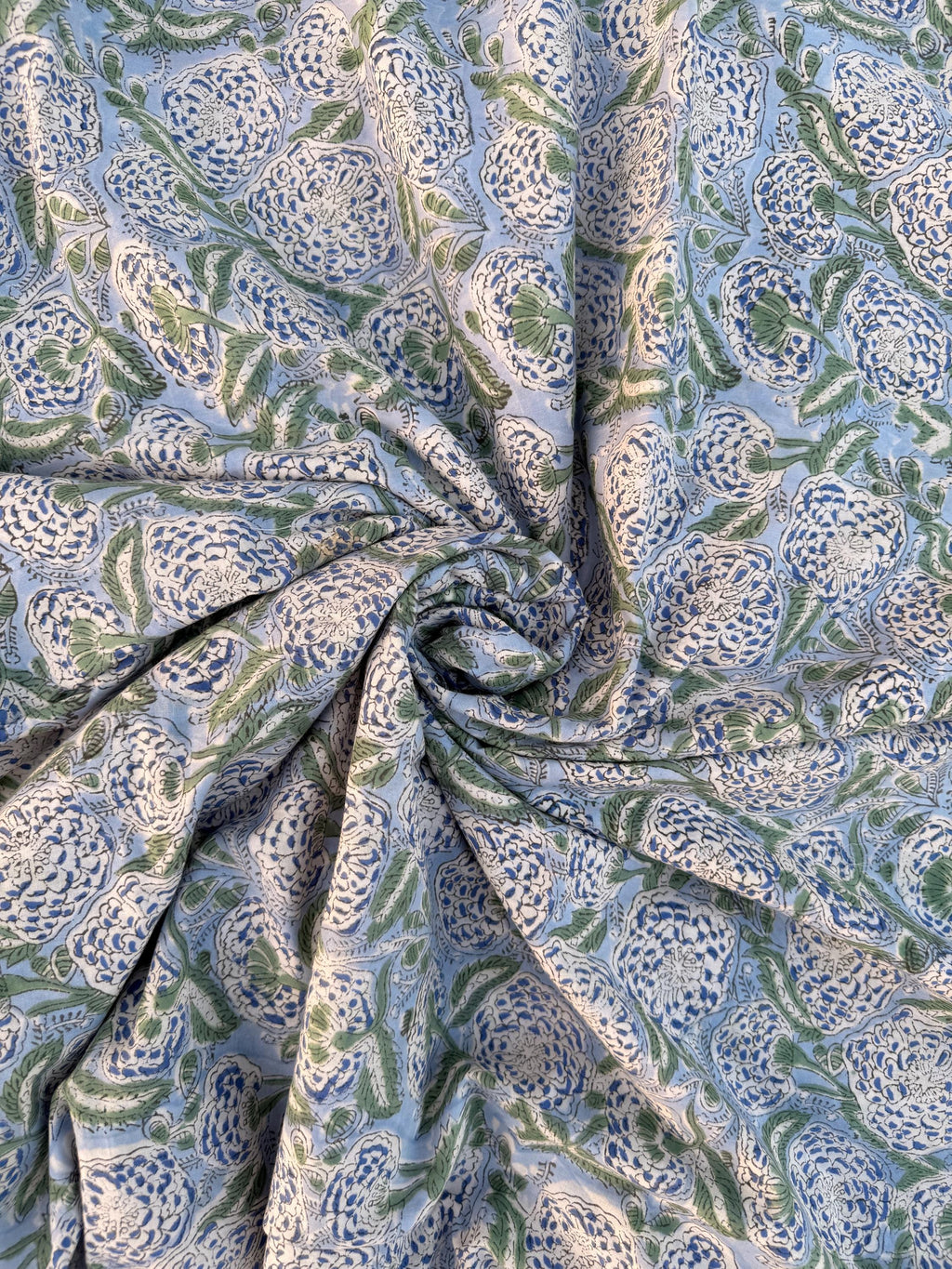 Hand Block Printed Cotton Fabric – Powder Blue Base with White & Indigo Floral Design | Indian Blockprint  Fabric for Sewing  and Home Décor
