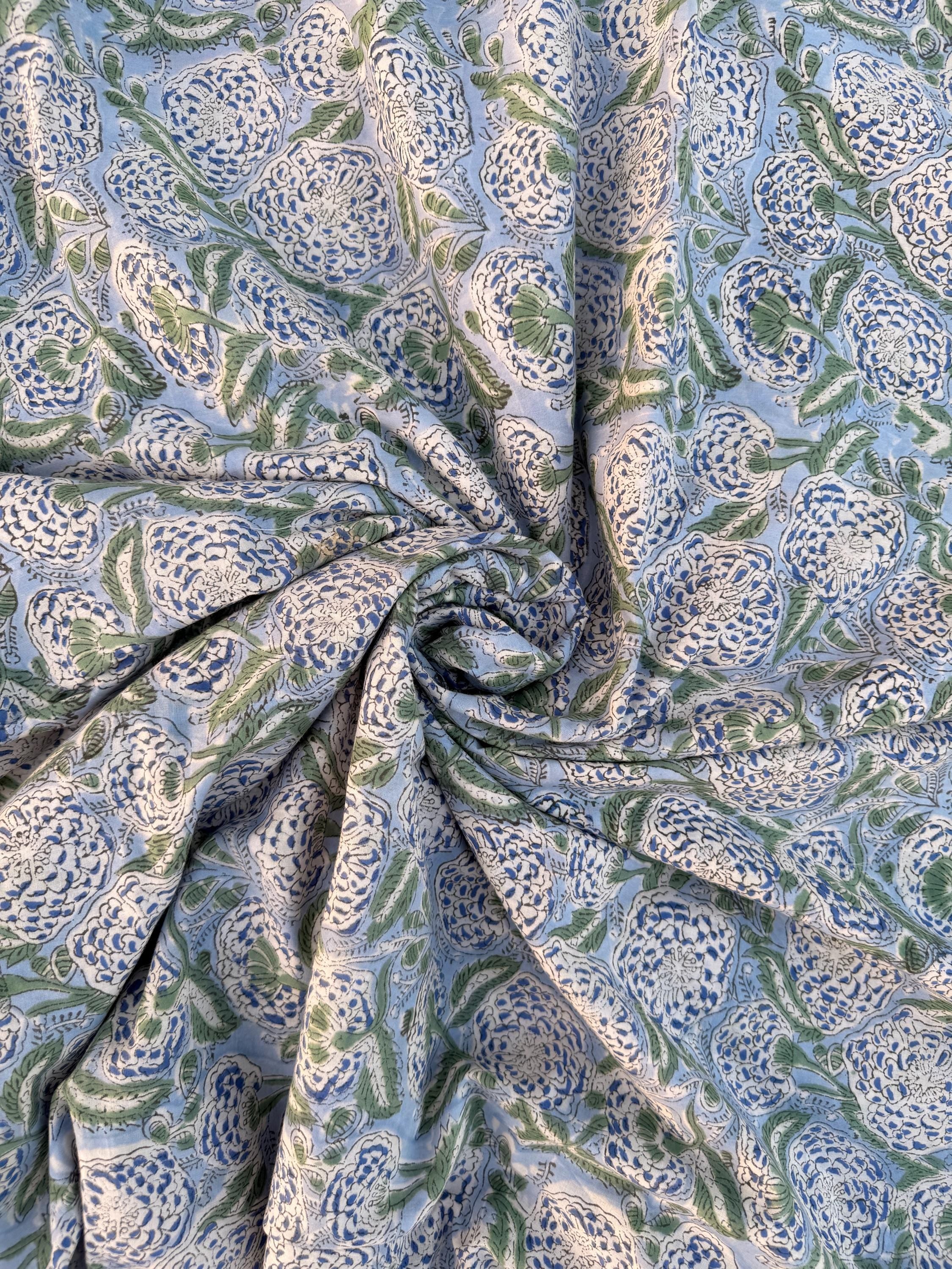 Hand Block Printed Cotton Fabric – Powder Blue Base with White & Indigo Floral Design | Indian Blockprint  Fabric for Sewing  and Home Décor