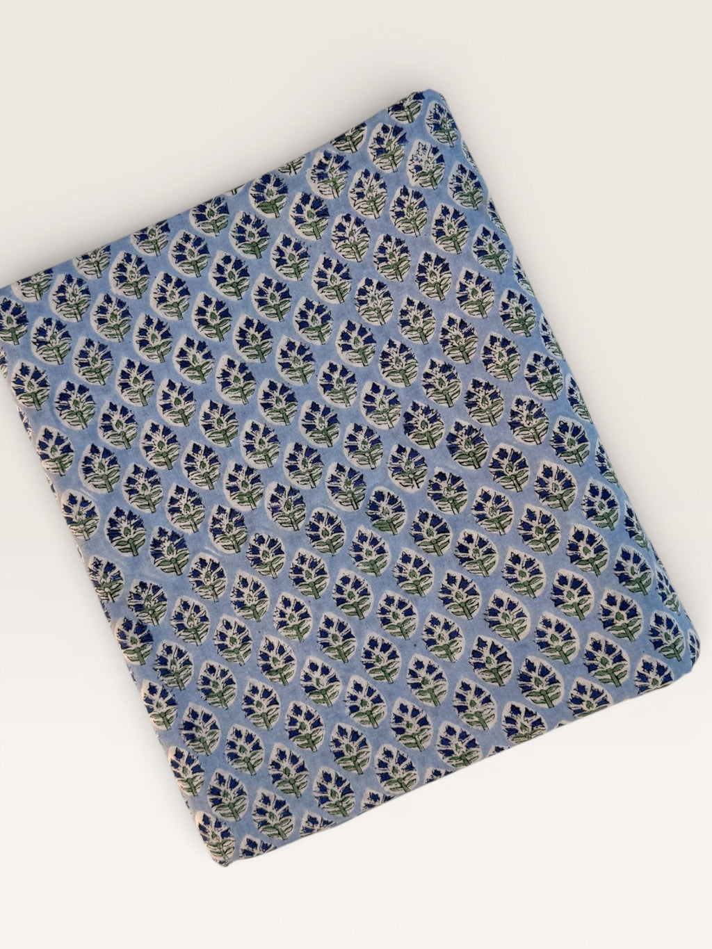 Hand Block Printed Cotton Fabric – Powder Blue Base with White & Indigo Floral motif | Indian Blockprint  Fabric for Sewing  and Home Décor