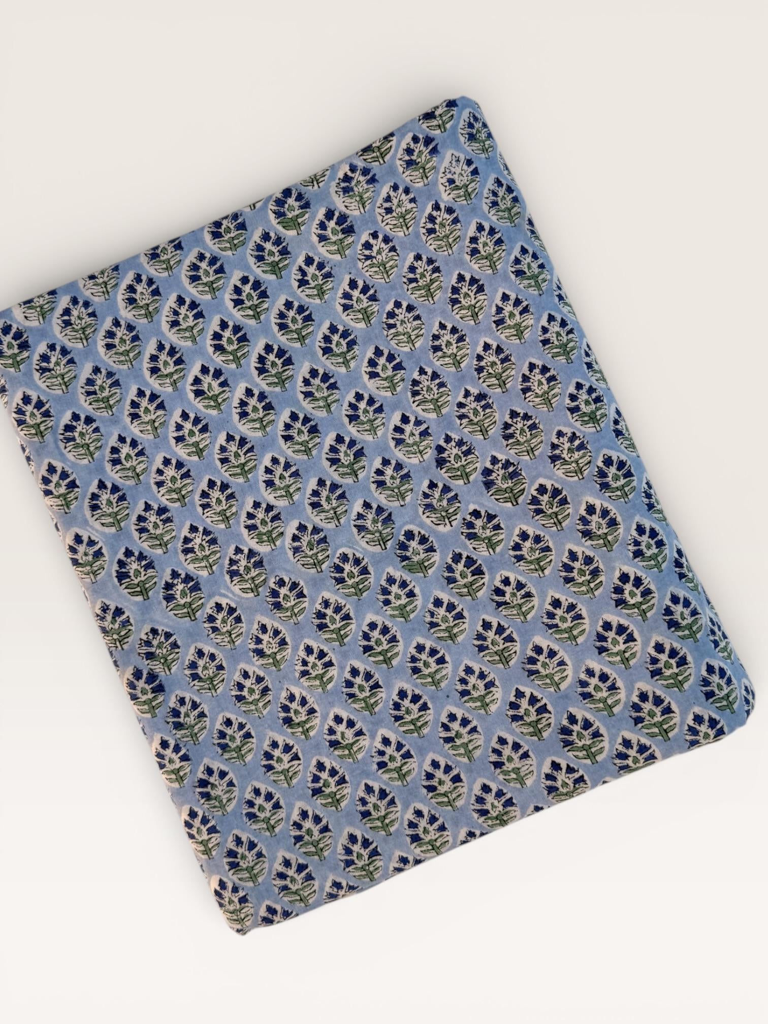 Hand Block Printed Cotton Fabric – Powder Blue Base with White & Indigo Floral motif | Indian Blockprint  Fabric for Sewing  and Home Décor