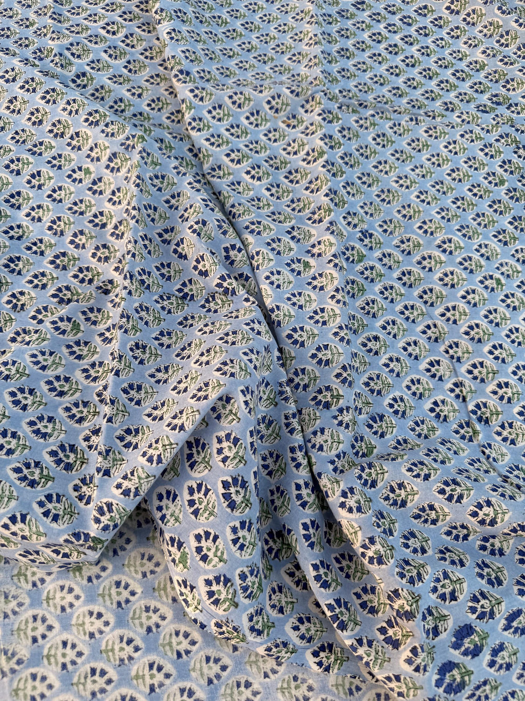 Hand Block Printed Cotton Fabric – Powder Blue Base with White & Indigo Floral motif | Indian Blockprint  Fabric for Sewing  and Home Décor