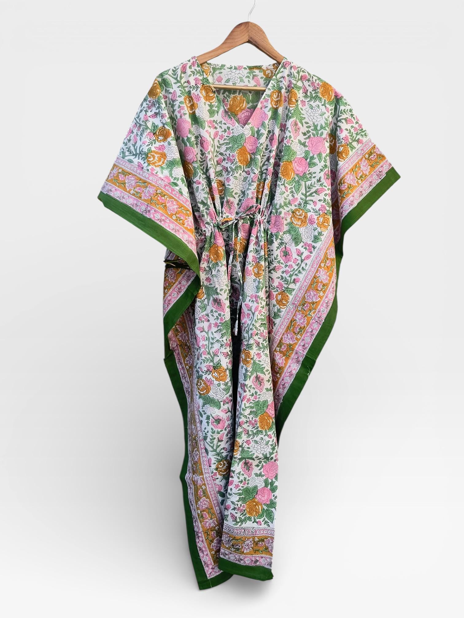 Hand Block Printed Cotton Kaftan – Floral Print with Green Border | Indian Cotton Lounge Kaftan, Boho Summer Dress, Beach Cover Up