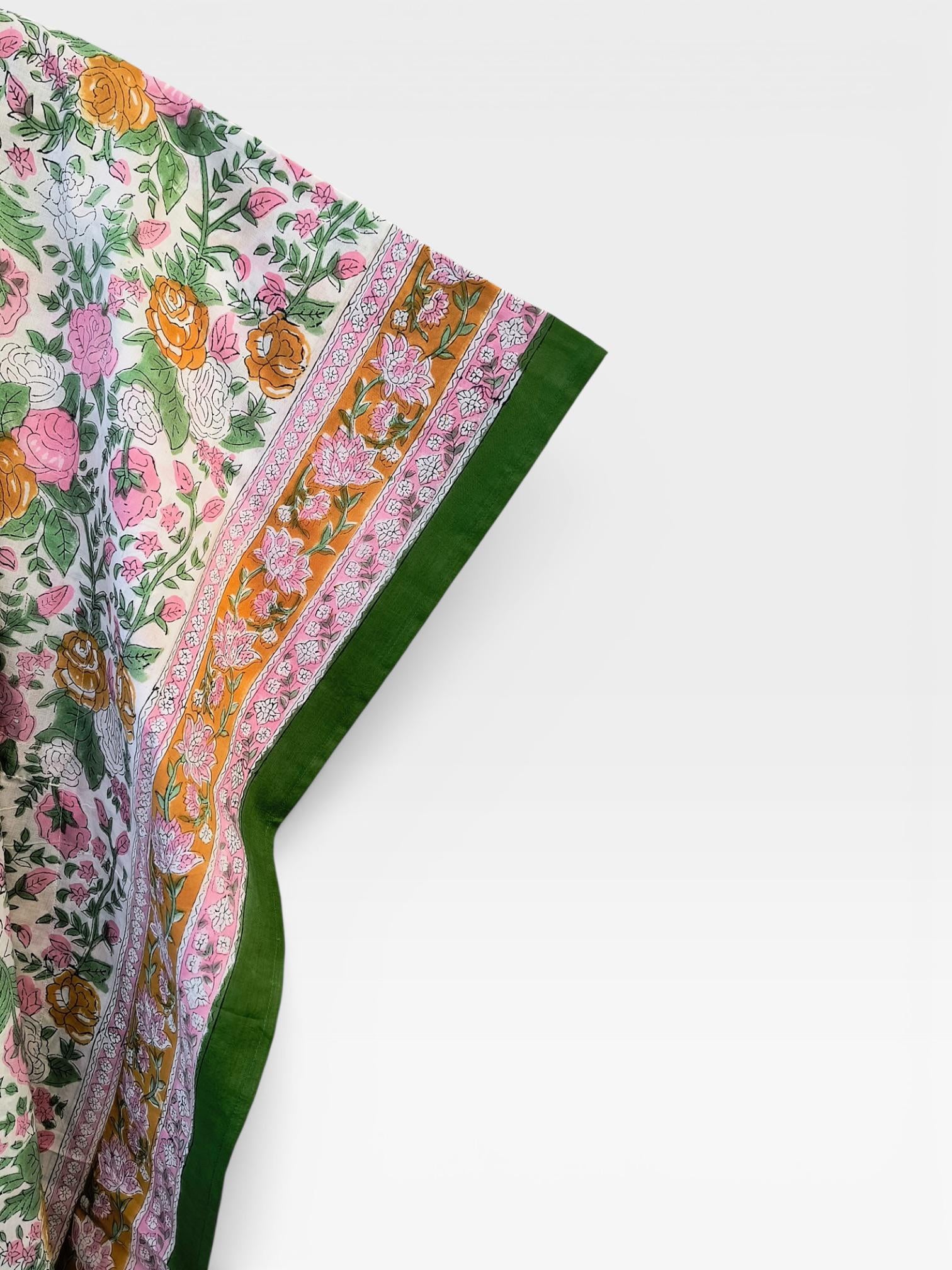 Hand Block Printed Cotton Kaftan – Floral Print with Green Border | Indian Cotton Lounge Kaftan, Boho Summer Dress, Beach Cover Up