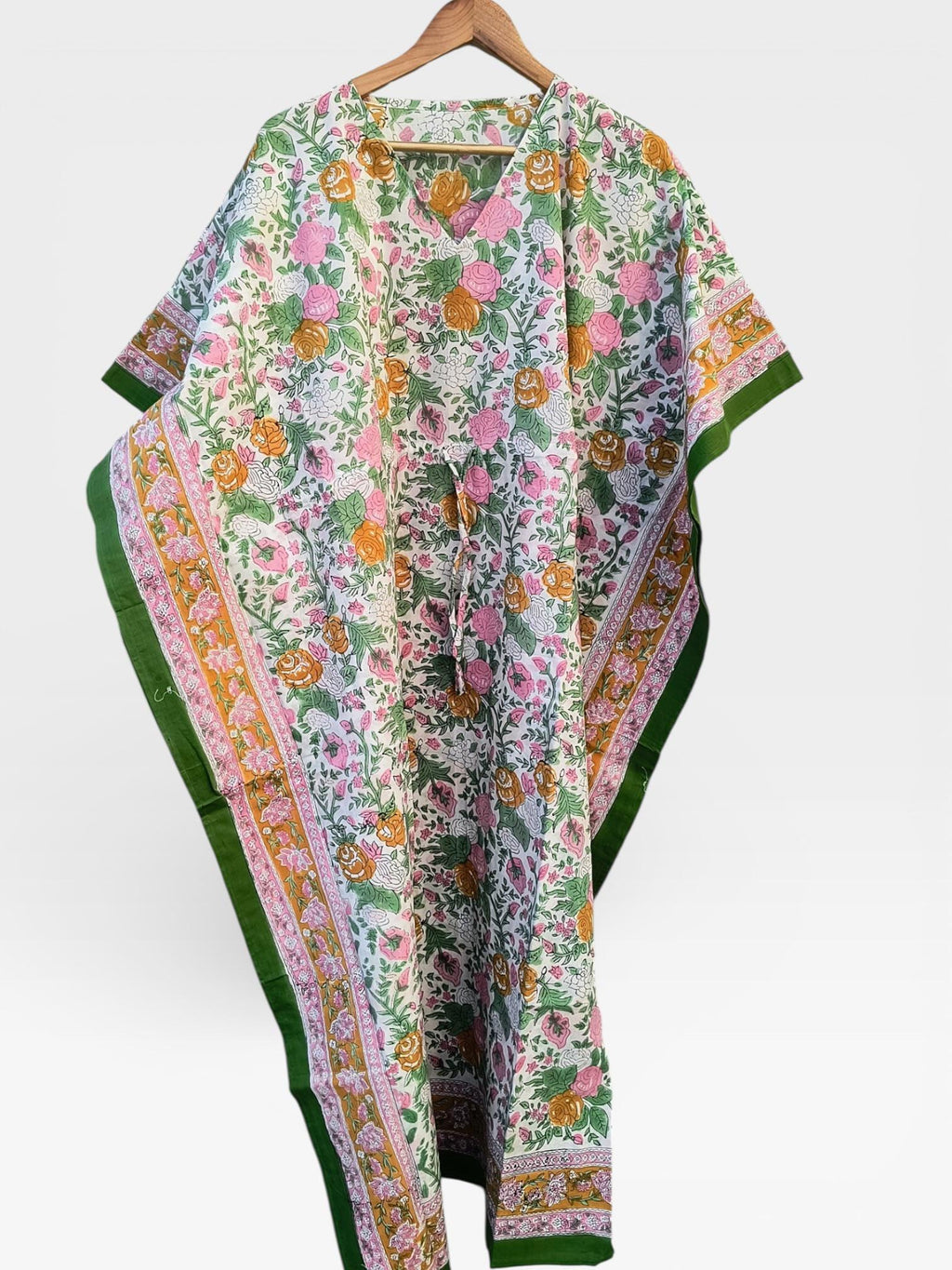 Hand Block Printed Cotton Kaftan – Floral Print with Green Border | Indian Cotton Lounge Kaftan, Boho Summer Dress, Beach Cover Up