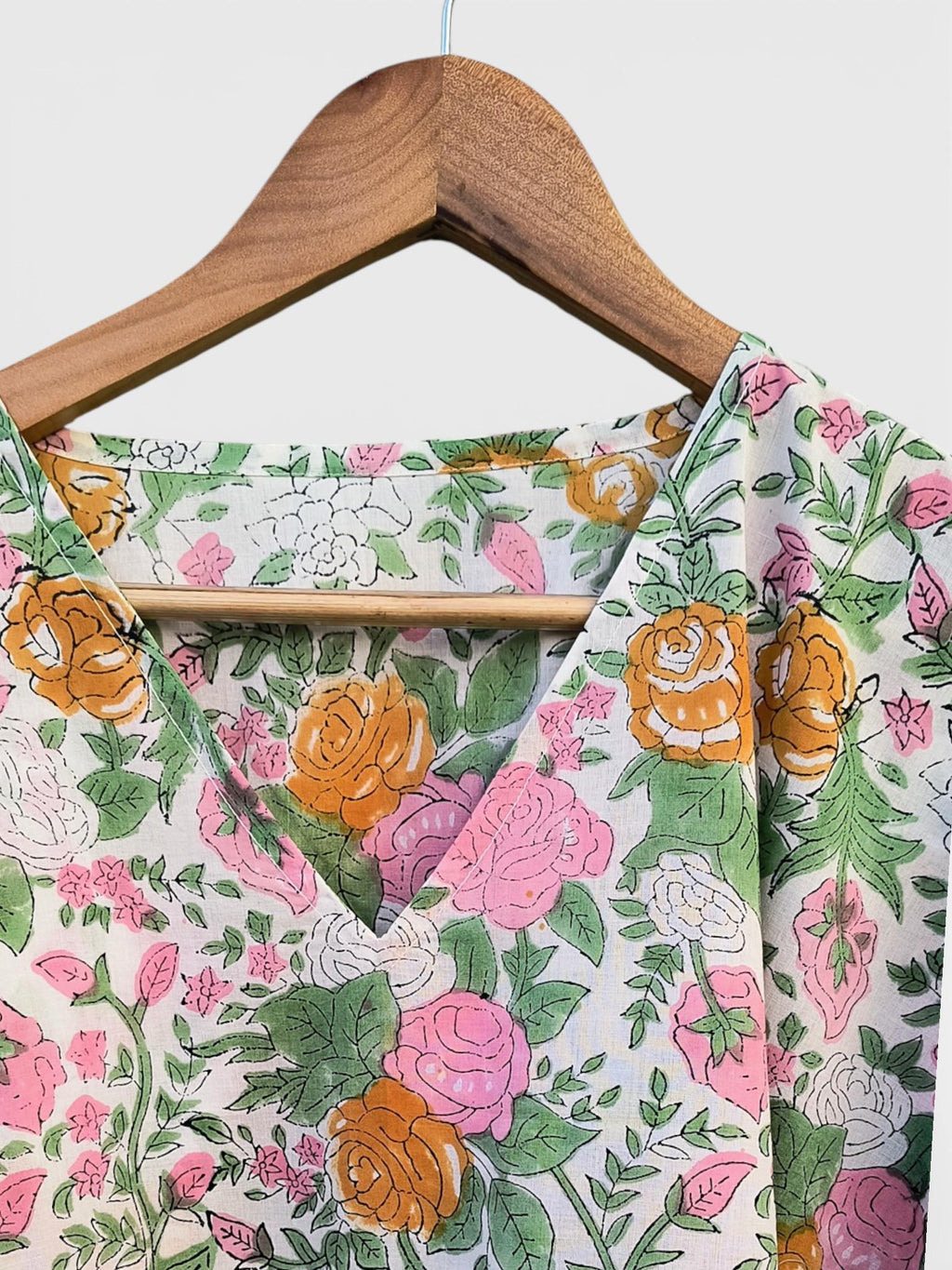 Hand Block Printed Cotton Kaftan – Floral Print with Green Border | Indian Cotton Lounge Kaftan, Boho Summer Dress, Beach Cover Up