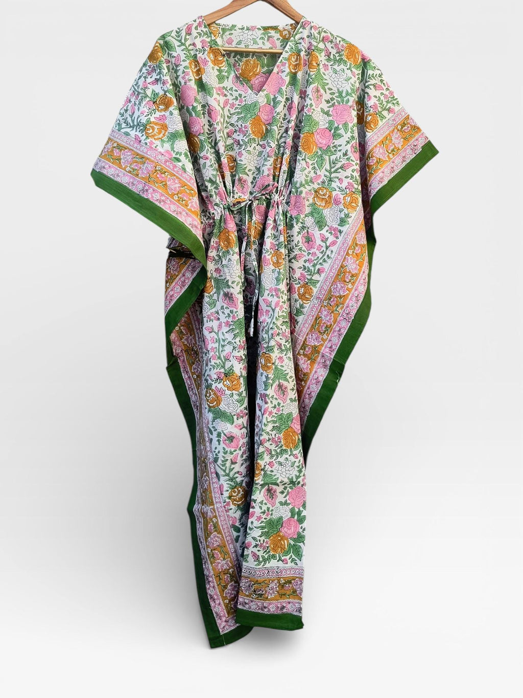 Hand Block Printed Cotton Kaftan – Floral Print with Green Border | Indian Cotton Lounge Kaftan, Boho Summer Dress, Beach Cover Up