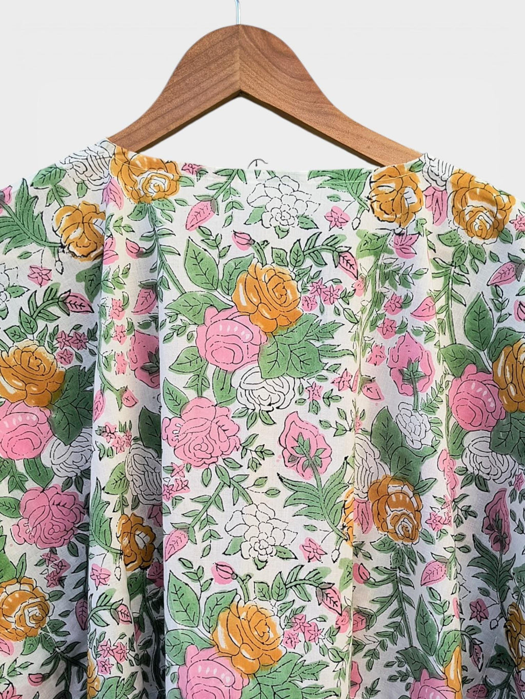 Hand Block Printed Cotton Kaftan – Floral Print with Green Border | Indian Cotton Lounge Kaftan, Boho Summer Dress, Beach Cover Up
