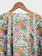 Hand Block Printed Cotton Kaftan – Floral Print with Green Border | Indian Cotton Lounge Kaftan, Boho Summer Dress, Beach Cover Up