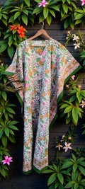 Hand Block Printed Cotton Kaftan – Floral Print with Green Border | Indian Cotton Lounge Kaftan, Boho Summer Dress, Beach Cover Up