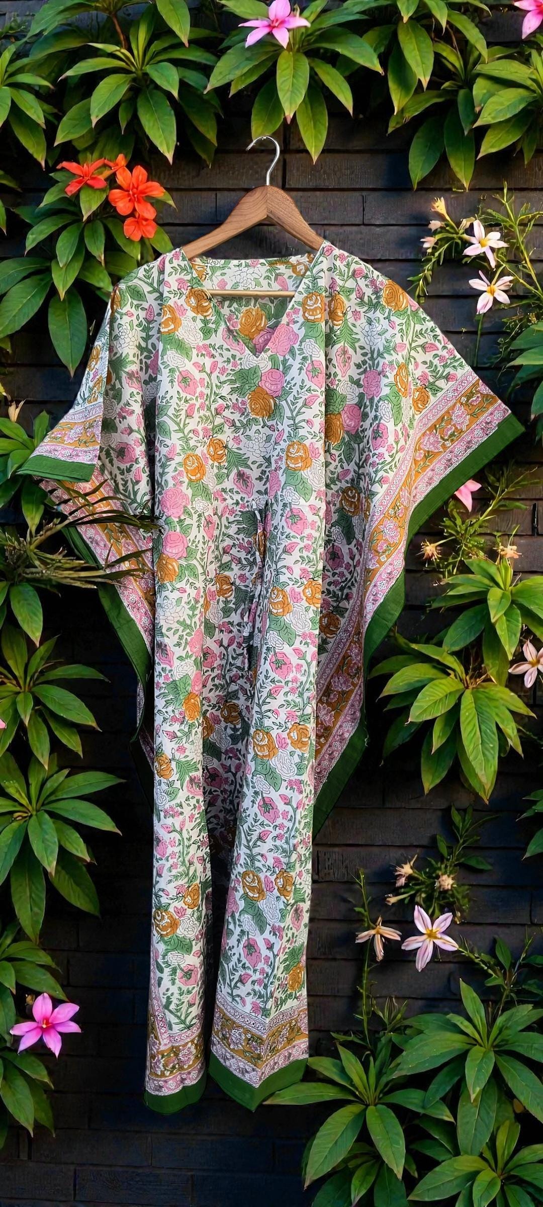 Hand Block Printed Cotton Kaftan – Floral Print with Green Border | Indian Cotton Lounge Kaftan, Boho Summer Dress, Beach Cover Up