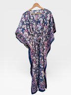 Hand Block Printed Cotton Kaftan – Navy Blue Floral with Pink Border | Indian Cotton Kaftan Dress, Boho Lounge Wear, Beach Cover Up