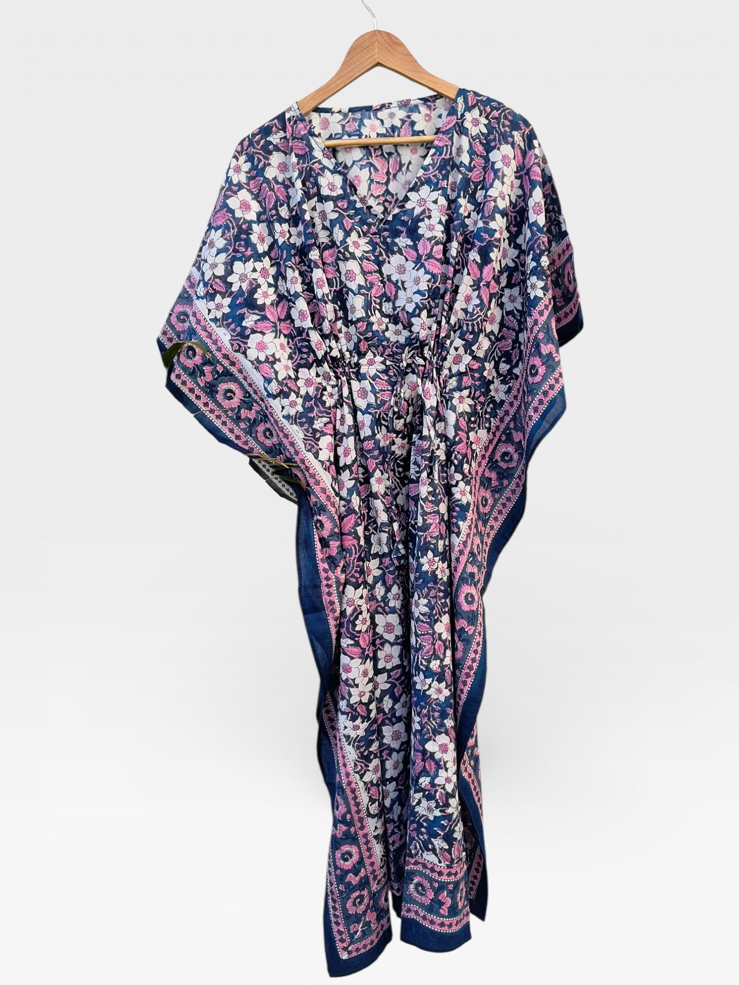 Hand Block Printed Cotton Kaftan – Navy Blue Floral with Pink Border | Indian Cotton Kaftan Dress, Boho Lounge Wear, Beach Cover Up