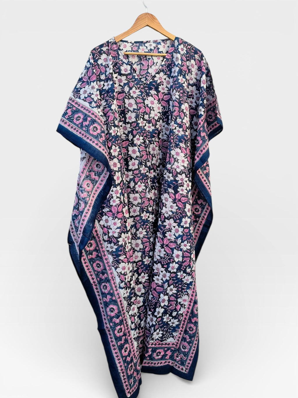 Hand Block Printed Cotton Kaftan – Navy Blue Floral with Pink Border | Indian Cotton Kaftan Dress, Boho Lounge Wear, Beach Cover Up