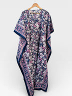 Hand Block Printed Cotton Kaftan – Navy Blue Floral with Pink Border | Indian Cotton Kaftan Dress, Boho Lounge Wear, Beach Cover Up