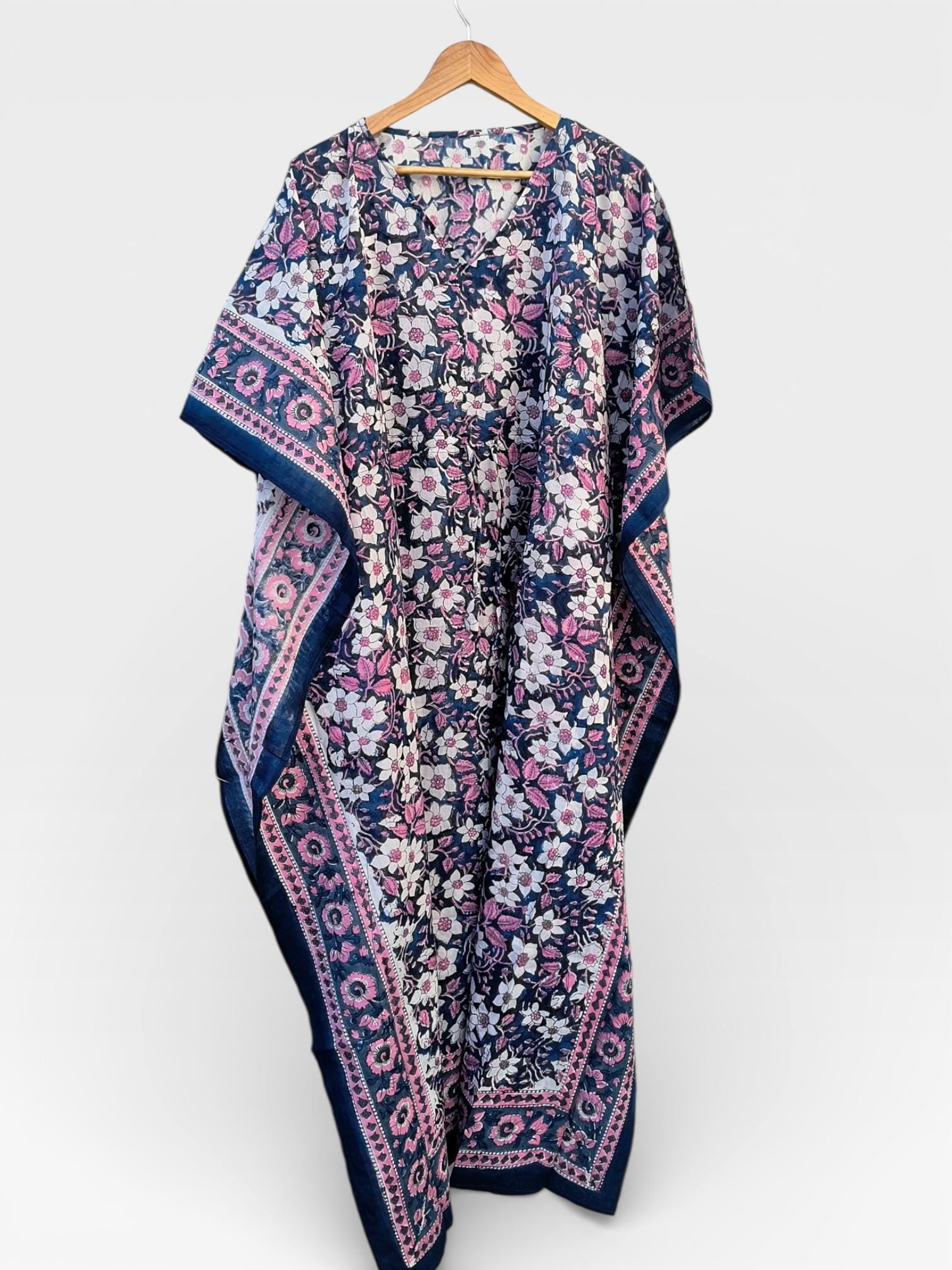 Hand Block Printed Cotton Kaftan – Navy Blue Floral with Pink Border | Indian Cotton Kaftan Dress, Boho Lounge Wear, Beach Cover Up
