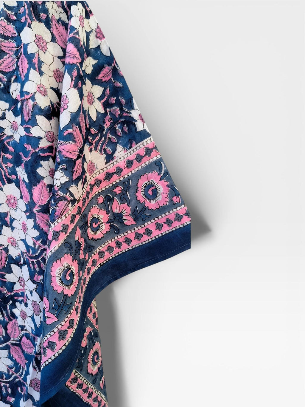 Hand Block Printed Cotton Kaftan – Navy Blue Floral with Pink Border | Indian Cotton Kaftan Dress, Boho Lounge Wear, Beach Cover Up