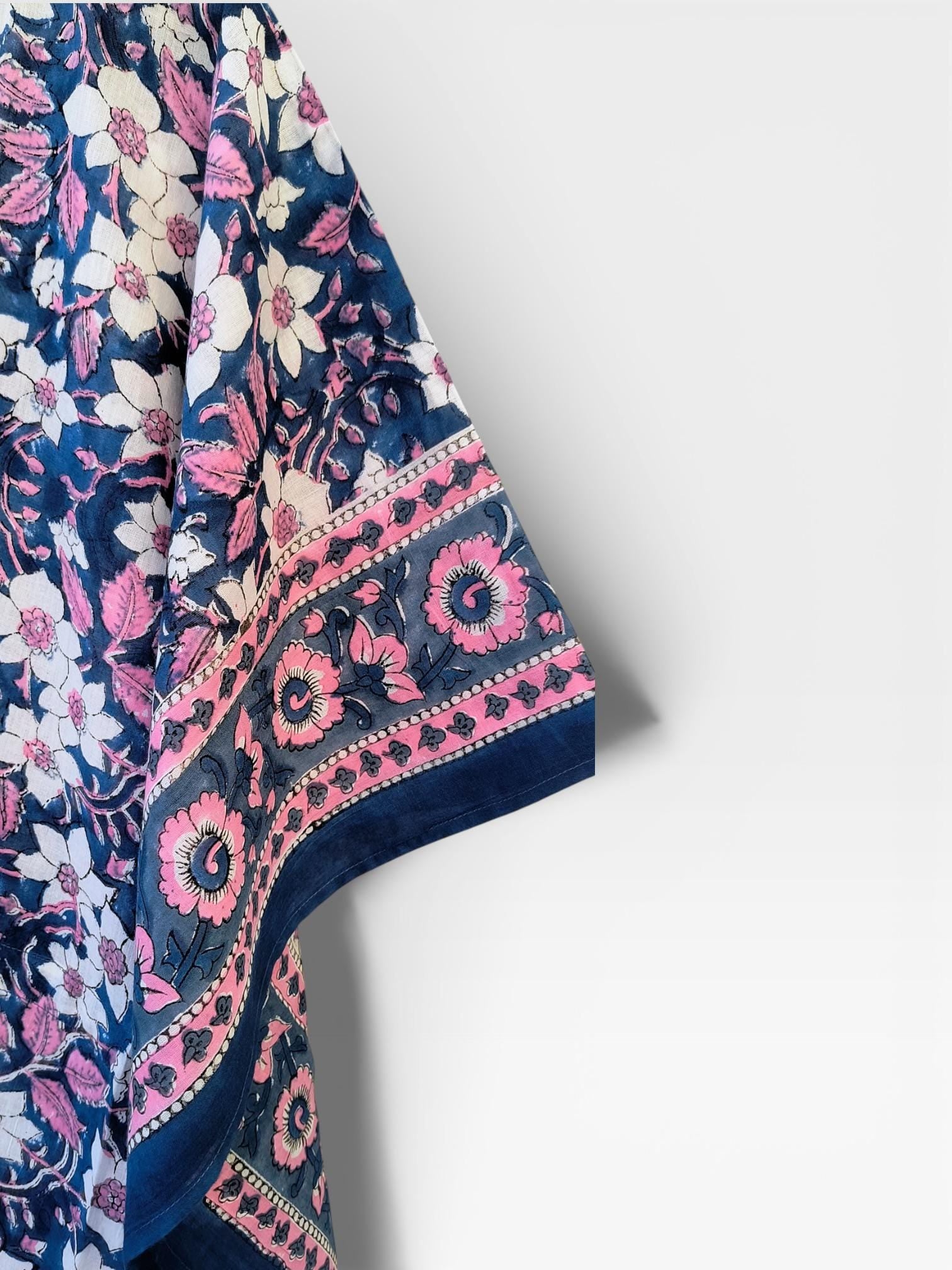 Hand Block Printed Cotton Kaftan – Navy Blue Floral with Pink Border | Indian Cotton Kaftan Dress, Boho Lounge Wear, Beach Cover Up