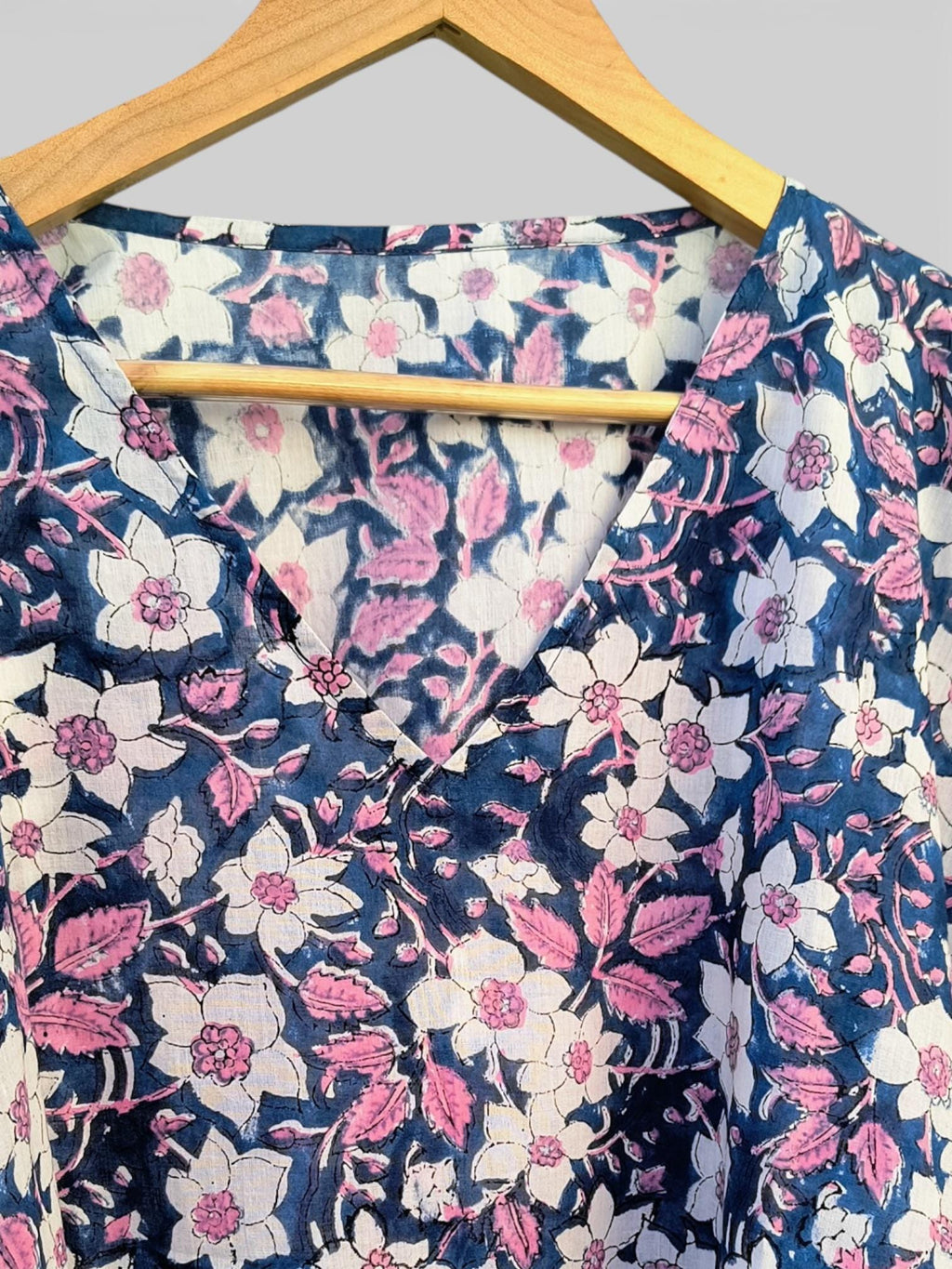 Hand Block Printed Cotton Kaftan – Navy Blue Floral with Pink Border | Indian Cotton Kaftan Dress, Boho Lounge Wear, Beach Cover Up
