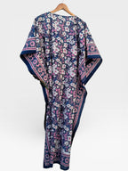 Hand Block Printed Cotton Kaftan – Navy Blue Floral with Pink Border | Indian Cotton Kaftan Dress, Boho Lounge Wear, Beach Cover Up