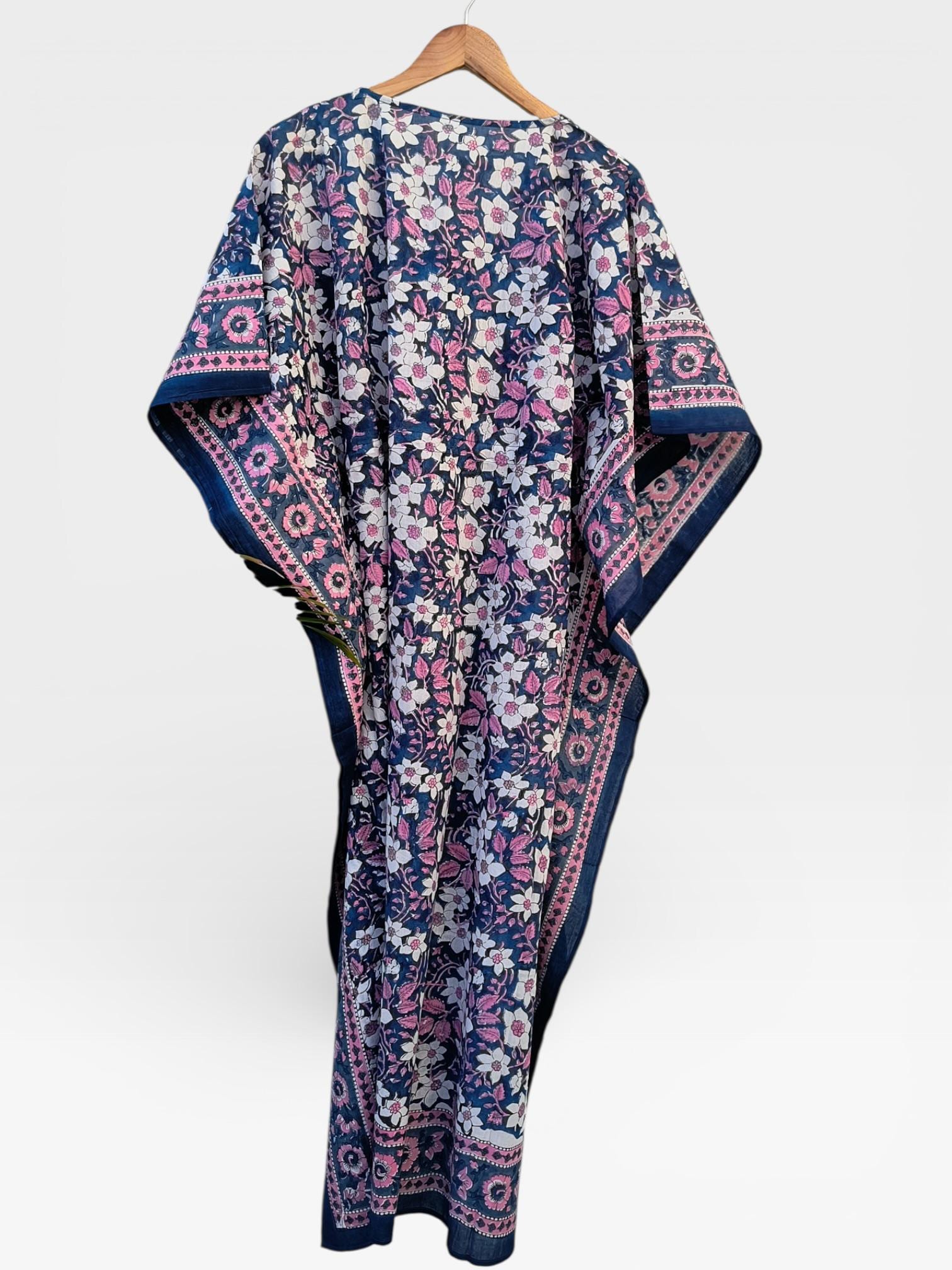 Hand Block Printed Cotton Kaftan – Navy Blue Floral with Pink Border | Indian Cotton Kaftan Dress, Boho Lounge Wear, Beach Cover Up