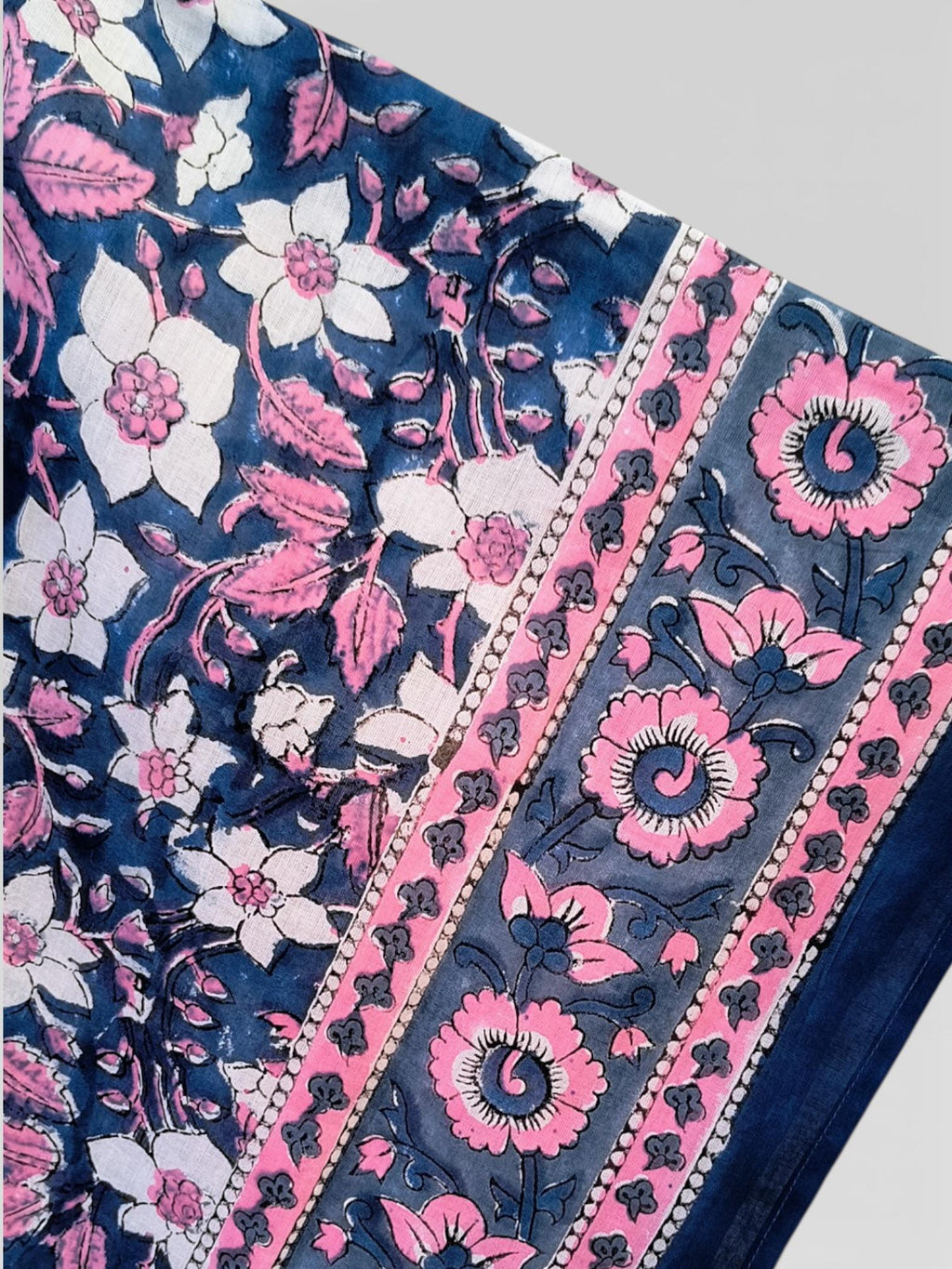 Hand Block Printed Cotton Kaftan – Navy Blue Floral with Pink Border | Indian Cotton Kaftan Dress, Boho Lounge Wear, Beach Cover Up