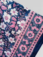 Hand Block Printed Cotton Kaftan – Navy Blue Floral with Pink Border | Indian Cotton Kaftan Dress, Boho Lounge Wear, Beach Cover Up