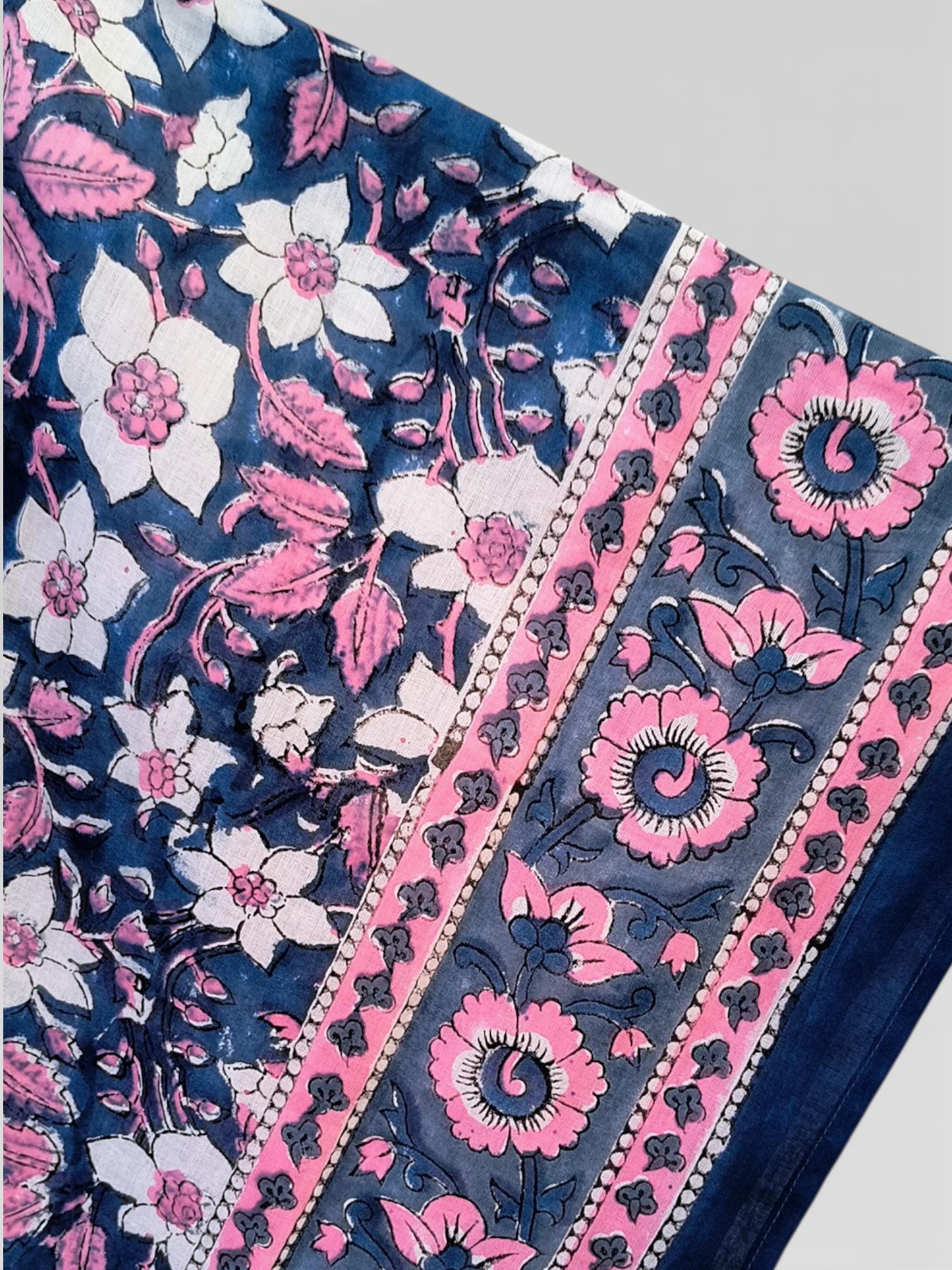 Hand Block Printed Cotton Kaftan – Navy Blue Floral with Pink Border | Indian Cotton Kaftan Dress, Boho Lounge Wear, Beach Cover Up