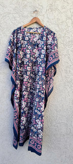 Hand Block Printed Cotton Kaftan – Navy Blue Floral with Pink Border | Indian Cotton Kaftan Dress, Boho Lounge Wear, Beach Cover Up