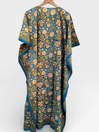 Hand Block Printed Cotton Kaftan – Teal Blue Floral with Mustard Accents | Indian Cotton Kaftan Dress, Boho Resort Wear & Beach Cover Up