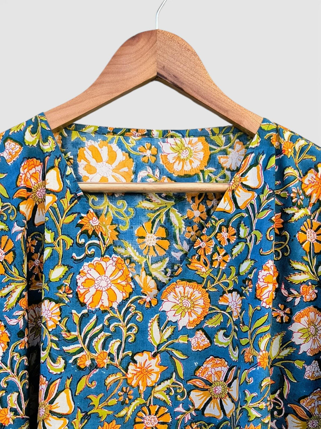 Hand Block Printed Cotton Kaftan – Teal Blue Floral with Mustard Accents | Indian Cotton Kaftan Dress, Boho Resort Wear & Beach Cover Up