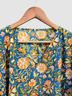 Hand Block Printed Cotton Kaftan – Teal Blue Floral with Mustard Accents | Indian Cotton Kaftan Dress, Boho Resort Wear & Beach Cover Up