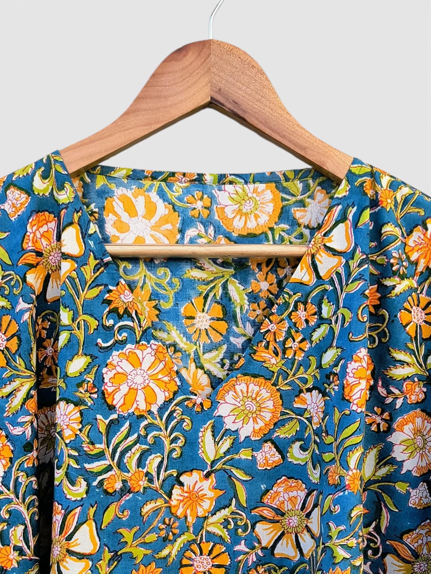 Hand Block Printed Cotton Kaftan – Teal Blue Floral with Mustard Accents | Indian Cotton Kaftan Dress, Boho Resort Wear & Beach Cover Up