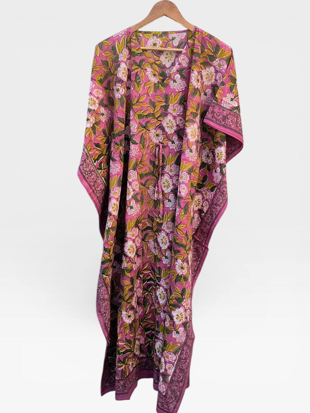 Hand Block Printed Cotton Kaftan Dress – Pink Floral Boho Kaftan with Drawstring Waist | Indian Summer Dress, Beach & Resort Wear