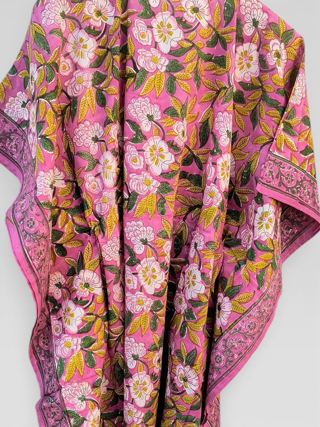 Hand Block Printed Cotton Kaftan Dress – Pink Floral Boho Kaftan with Drawstring Waist | Indian Summer Dress, Beach & Resort Wear