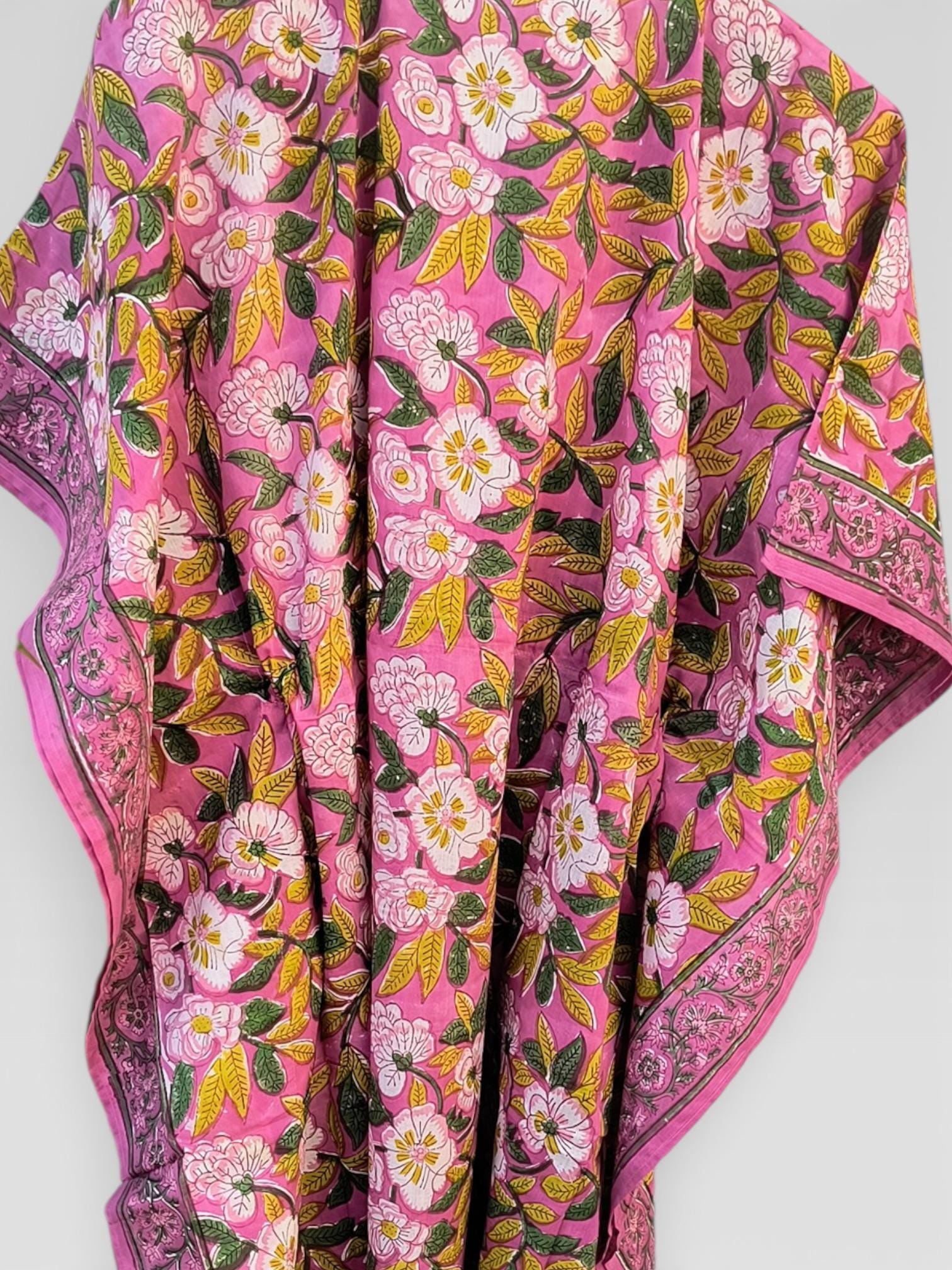 Hand Block Printed Cotton Kaftan Dress – Pink Floral Boho Kaftan with Drawstring Waist | Indian Summer Dress, Beach & Resort Wear