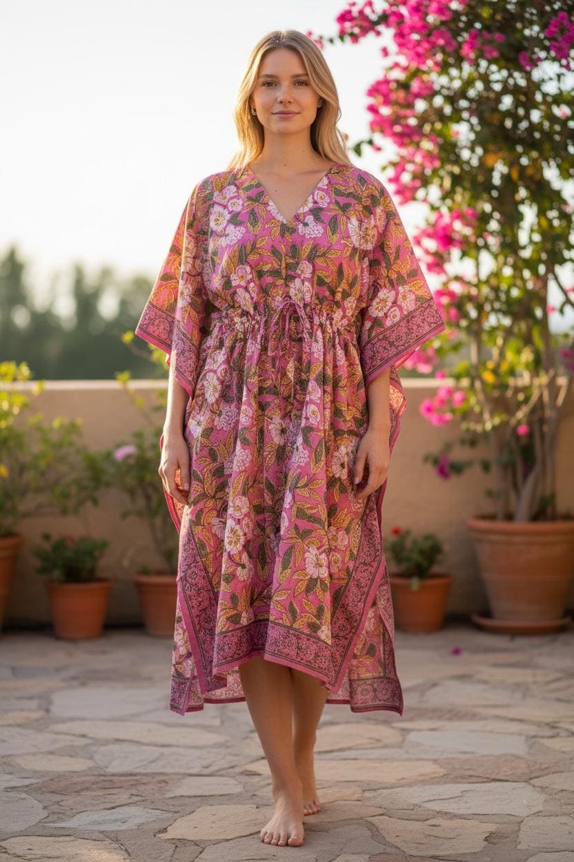 Hand Block Printed Cotton Kaftan Dress – Pink Floral Boho Kaftan with Drawstring Waist | Indian Summer Dress, Beach & Resort Wear