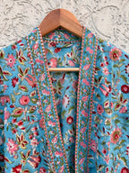 Hand Block Print Cotton Bathrobe – Floral Blue Kimono Robe – Lightweight Women’s Dressing Gown – Soft Cotton Spa Robe – Handmade Loungewear