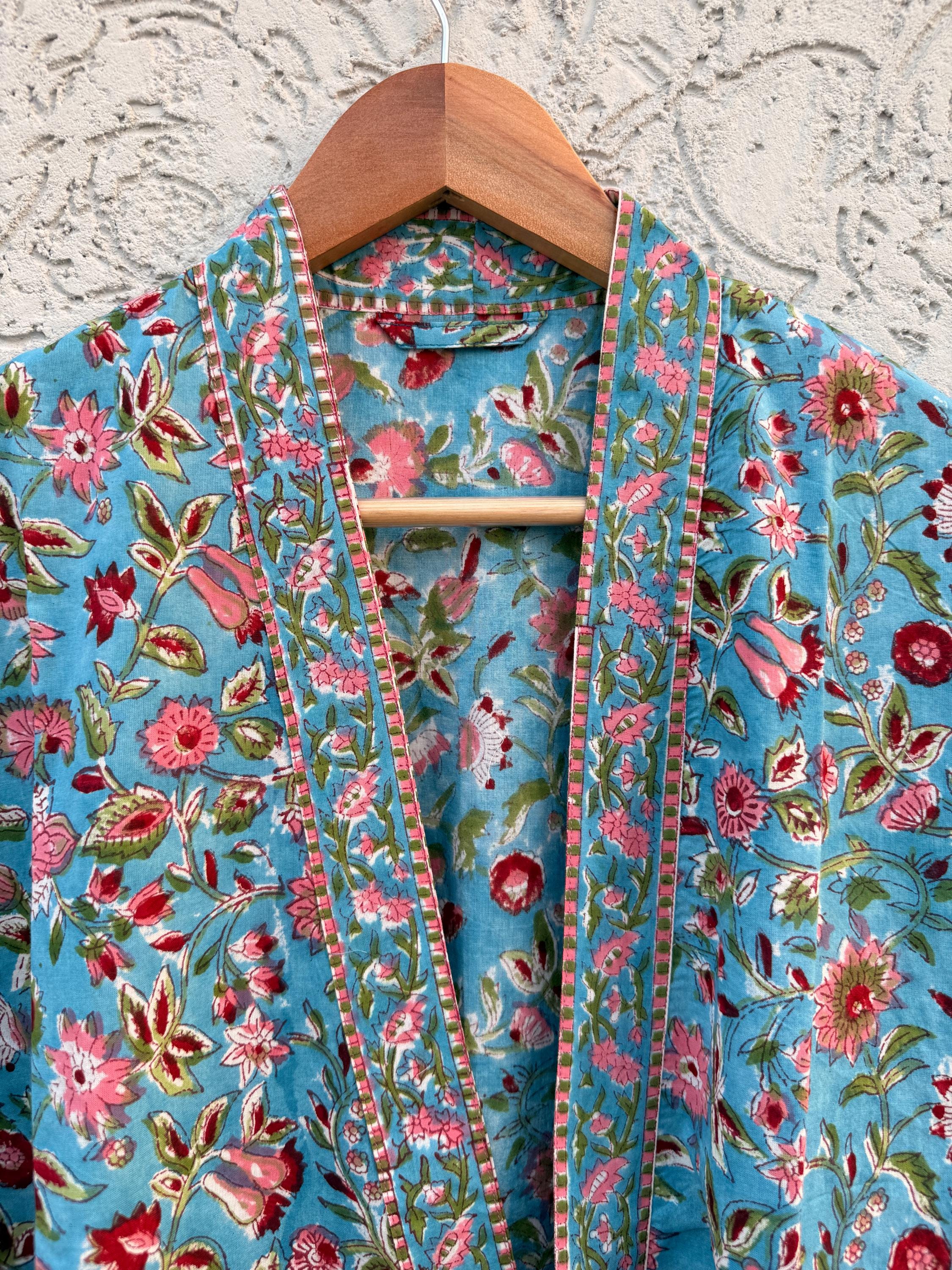 Hand Block Print Cotton Bathrobe – Floral Blue Kimono Robe – Lightweight Women’s Dressing Gown – Soft Cotton Spa Robe – Handmade Loungewear
