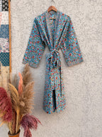 Hand Block Print Cotton Bathrobe – Floral Blue Kimono Robe – Lightweight Women’s Dressing Gown – Soft Cotton Spa Robe – Handmade Loungewear