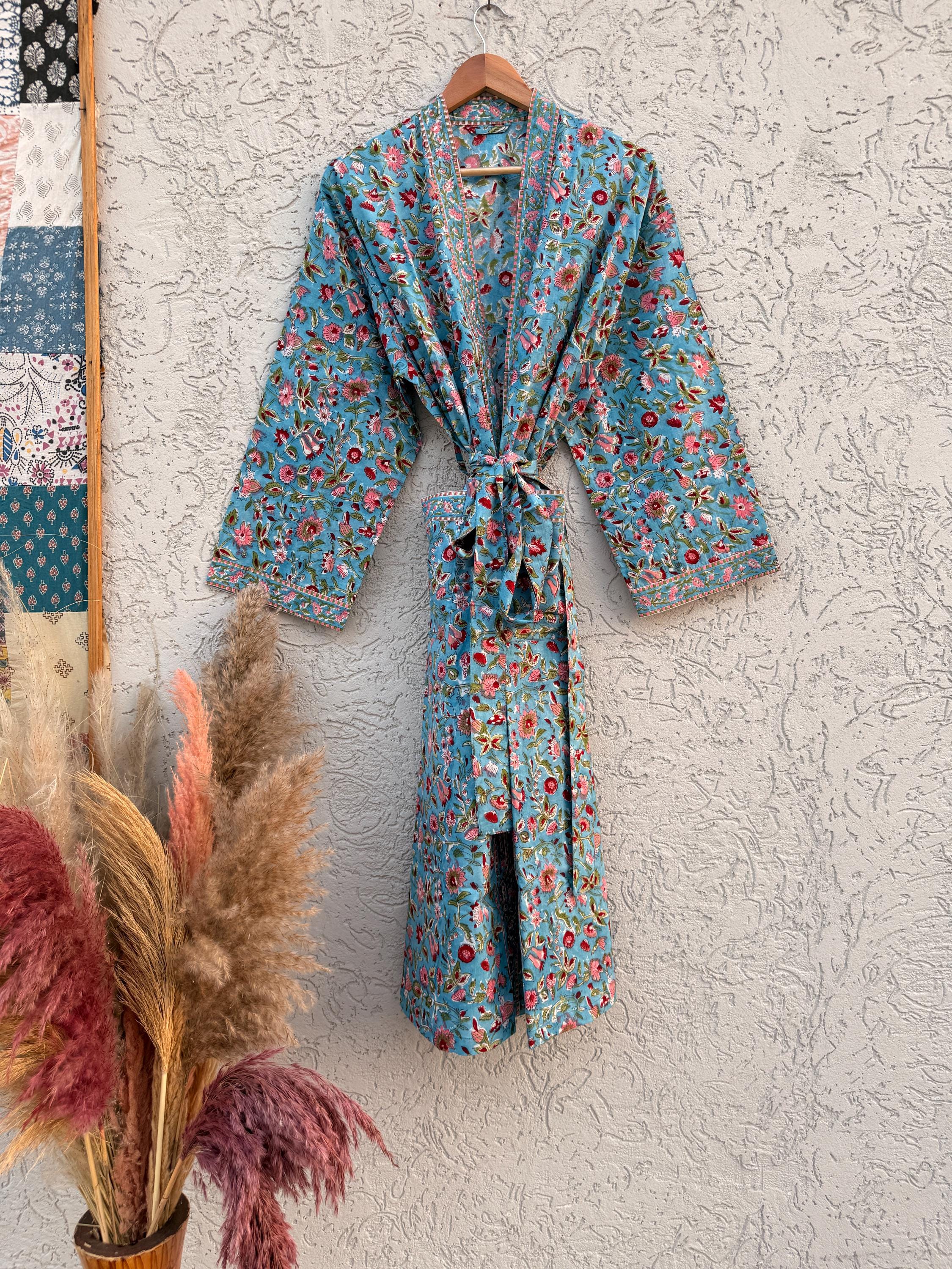 Hand Block Print Cotton Bathrobe – Floral Blue Kimono Robe – Lightweight Women’s Dressing Gown – Soft Cotton Spa Robe – Handmade Loungewear