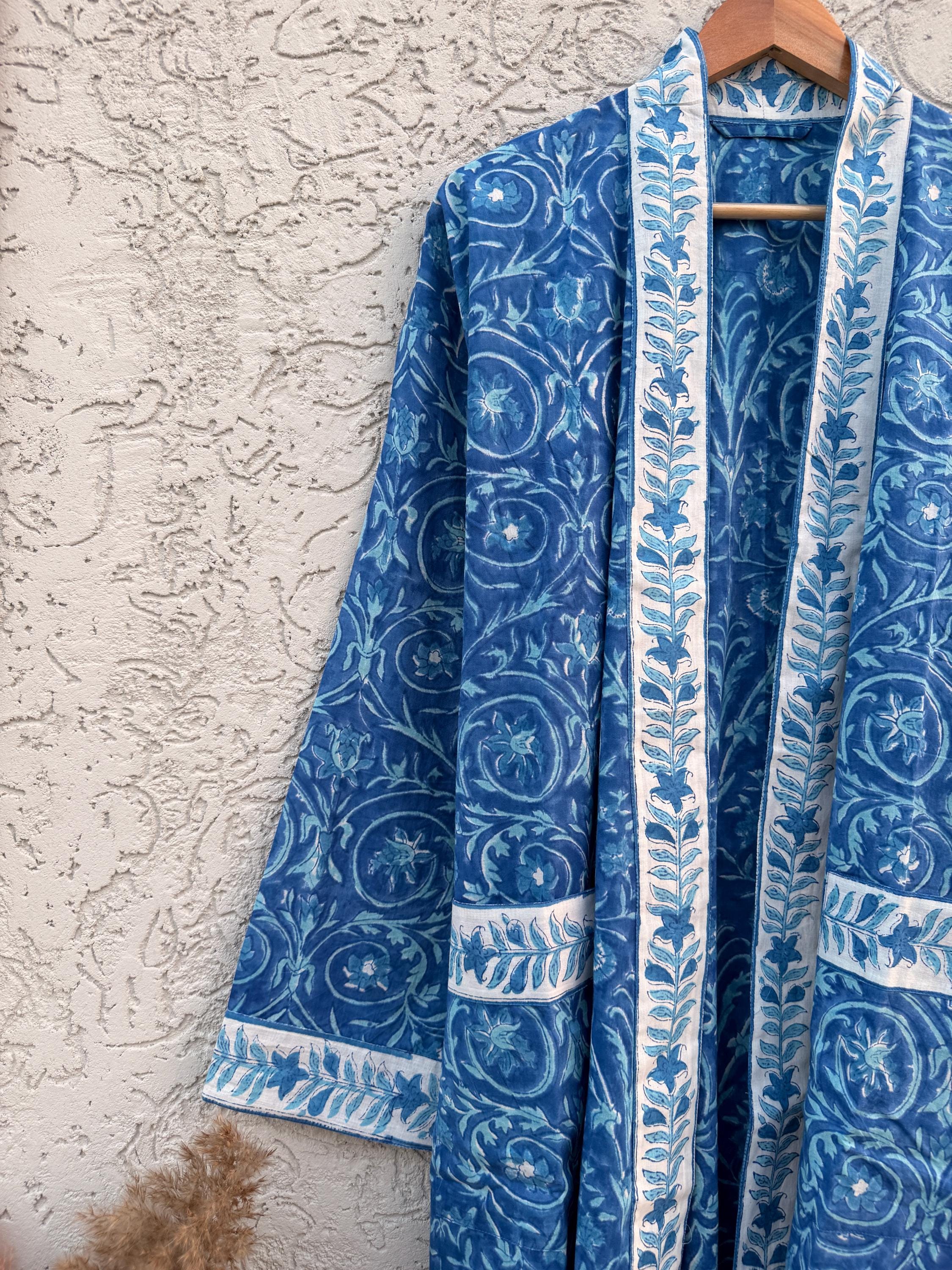 Blue Hand Block Print Cotton Bathrobe – Floral Indian Kimono Robe – Lightweight Spa Robe with Belt & Pockets – Handmade Boho Dressing Gown