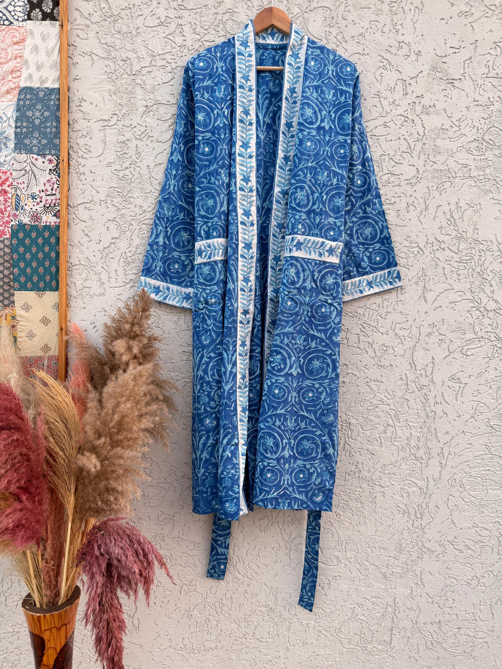Blue Hand Block Print Cotton Bathrobe – Floral Indian Kimono Robe – Lightweight Spa Robe with Belt & Pockets – Handmade Boho Dressing Gown