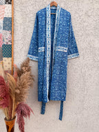 Blue Hand Block Print Cotton Bathrobe – Floral Indian Kimono Robe – Lightweight Spa Robe with Belt & Pockets – Handmade Boho Dressing Gown