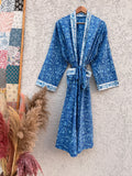 Blue Hand Block Print Cotton Bathrobe – Floral Indian Kimono Robe – Lightweight Spa Robe with Belt & Pockets – Handmade Boho Dressing Gown