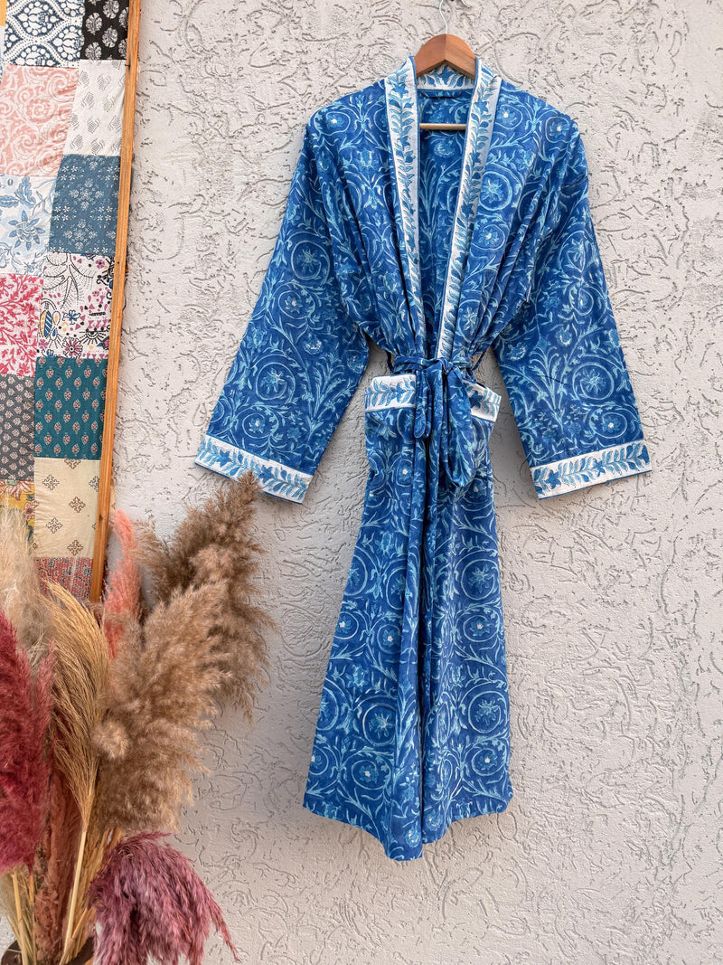 Blue Hand Block Print Cotton Bathrobe – Floral Indian Kimono Robe – Lightweight Spa Robe with Belt & Pockets – Handmade Boho Dressing Gown